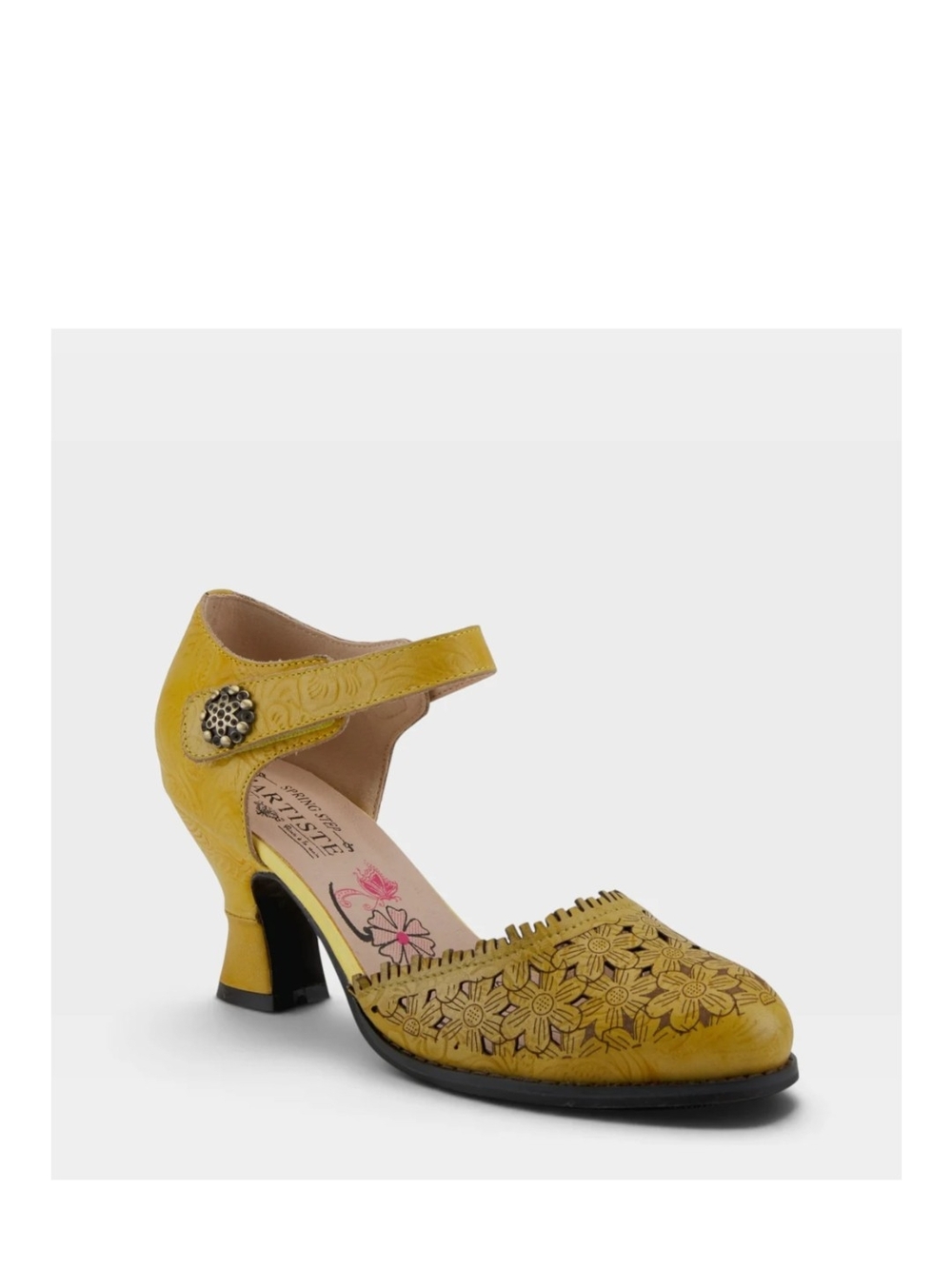 Embroidered Mary Jane Heels with Decorative Strap in Mustard Yellow By L'Artiste